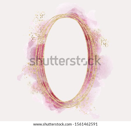 polygonal frame. Gold glitter triangles, geometric shapes. Diamond shape with watercolor washes. Minimal template for creative designs, card, invitation,