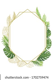 Polygonal frame with green tropical leaves and line art graphic. Floral border with place for text. Vector illustration.