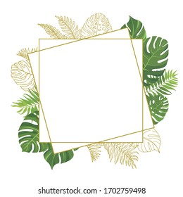 Polygonal frame with green tropical leaves and line art graphic. Floral border with place for text. Vector illustration.