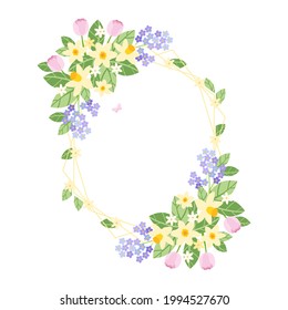 polygonal frame template with symmetrically flower arrangements.  yellow daffodils, pink tulips, lilac forget-me-nots, orange blossom.  vector.  suitable for invitations, weddings, cards, banners.