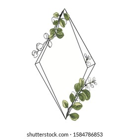 Polygonal frame watercolor greenery  leaf and black ink 