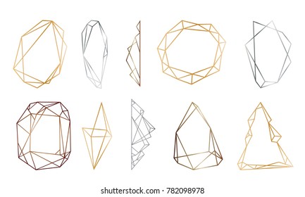 polygonal frames set. Gold, silver, black glitter triangles, geometric shapes. Diamond shape. Minimal template for creative designs, card, invitation, 