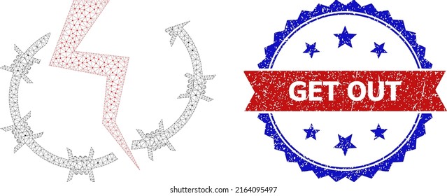 Polygonal freedom carcass illustration, and bicolor dirty Get Out stamp. Mesh carcass illustration designed with freedom icon. Vector seal with Get Out text inside red ribbon and blue rosette,