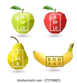 Polygonal fruit - green and red apple, pear, banana with design inscription. Vector illustration