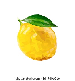 Polygonal fruit lemon. Beautiful juicy citrus lemon with a leaf of polygons. Low poly. For packaging, labels, logo, showcase, banner. Vector illustration isolated.
