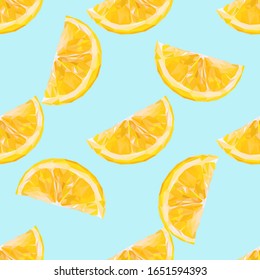 Polygonal fruit lemon pattern seamles. Beautiful juicy citrus lemon slice of polygons. Low poly. For packaging, labels, logo, showcase, banner. Vector illustration pattern.