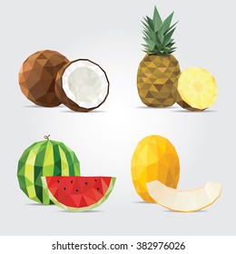 Polygonal Fruits. Coconut, Pineapple, Watermelon and Melon in Vector