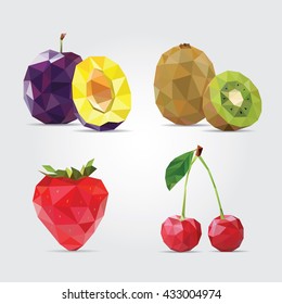 Polygonal Fruits. Plum, Kiwi, Strawberry and Cherry in Vector