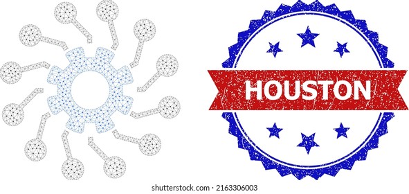 Polygonal gear connections model icon, and bicolor grunge Houston watermark. Polygonal carcass illustration is designed with gear connections icon.
