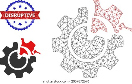 Polygonal gear damage wireframe icon, and bicolor textured Disruptive seal. Polygonal wireframe illustration based on gear damage icon.