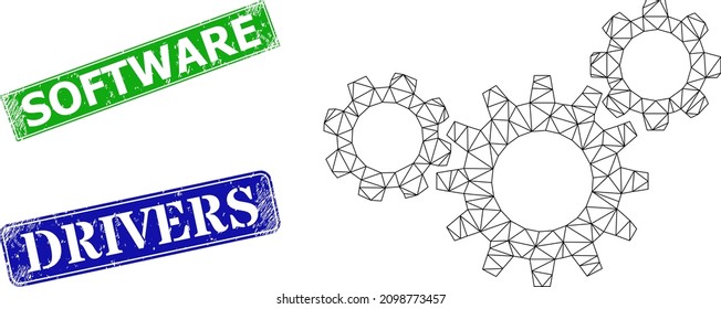 Polygonal gear mechanism model, and Software blue and green rectangular grunge stamp seals. Polygonal carcass image based on gear mechanism pictogram.
