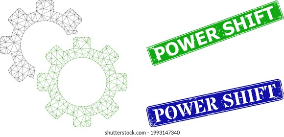 Imagen de los engranajes poligonales e imitaciones de sellos corroídos en los rectángulos azul y verde del Power Shift. Imagen de trama poligonal basada en el icono de los engranajes. Los sellos contienen la leyenda del cambio de fuerza dentro del marco del rectángulo.
