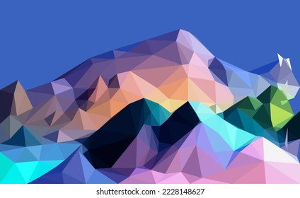 Polygonal geometric abstract digital mountain, vector colorful, flat landscape, travel background, mountains art, blue sky, creative backdrop