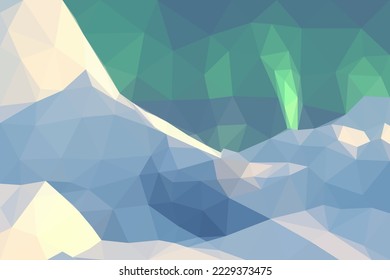 Polygonal geometric abstract digital mountain, vector colorful, flat landscape, travel background, mountains art, blue sky, creative backdrop, Northern lights, aurora borealis