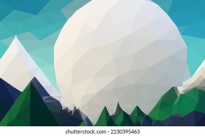 Polygonal geometric abstract digital mountain with big moon, vector colorful, flat landscape, travel background, mountains art, blue sky, creative backdrop with firs forest. adventure art