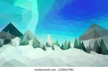 Polygonal geometric abstract digital mountain, vector colorful, flat landscape, travel background, mountains art, blue sky, creative backdrop, Northern lights, aurora borealis