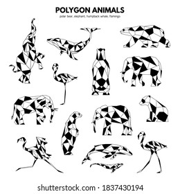 Polygonal geometric animals. Bear, flamingo, whale, elephant