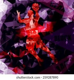 Polygonal geometric basketball vector background with a player silhouette. Vector abstract basketball poster.