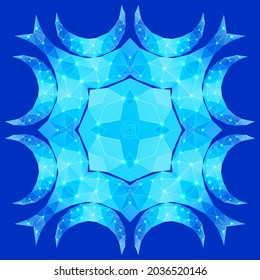 Polygonale geometrische Konstellation in Form eines abstrakten Quadrats mit Crescents auf blauem Hintergrund