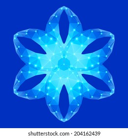 Polygonal geometric constellation in form abstract flower with six petal on blue  background