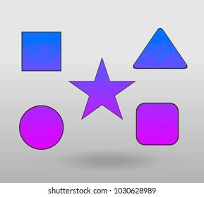 Polygonal geometric figures. Set of design elements with square, Circle, rectangle, star, triangle shape.  colorful shape in modern polygonal crystal style on white background.