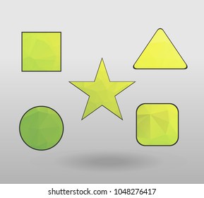 Polygonal geometric figures. Set of design elements with square, Circle, rectangle, star, triangle shape.  colorful shape in modern polygonal crystal style on white background.