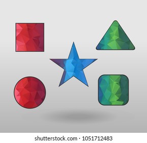 Polygonal geometric figures. Set of design elements with square, Circle, rectangle, star, triangle shape.  colorful shape in modern polygonal crystal style on white background.