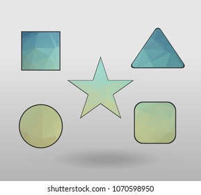 Polygonal geometric figures. Set of design elements with square, Circle, rectangle, star, triangle shape.  colorful shape in modern polygonal crystal style on white background.
