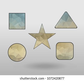 Polygonal geometric figures. Set of design elements with square, Circle, rectangle, star, triangle shape.  colorful shape in modern polygonal crystal style on white background.