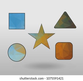 Polygonal geometric figures. Set of design elements with square, Circle, rectangle, star, triangle shape.  colorful shape in modern polygonal crystal style on white background.