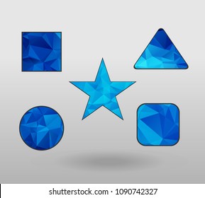 Polygonal geometric figures. Set of design elements with square, Circle, rectangle, star, triangle shape.  colorful shape in modern polygonal crystal style on white background.