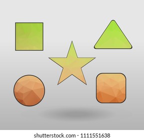 Polygonal geometric figures. Set of design elements with square, Circle, rectangle, star, triangle shape.  colorful shape in modern polygonal crystal style on white background.