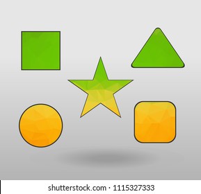 Polygonal geometric figures. Set of design elements with square, Circle, rectangle, star, triangle shape.  colorful shape in modern polygonal crystal style on white background.