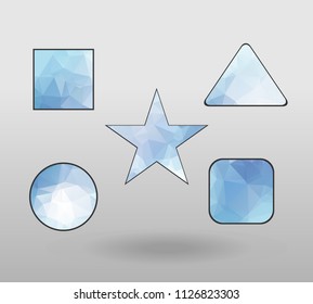 Polygonal geometric figures. Set of design elements with square, Circle, rectangle, star, triangle shape.  colorful shape in modern polygonal crystal style on white background.