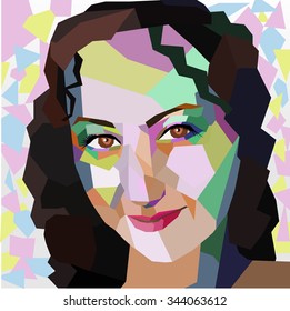 Polygonal geometric full face portrait of girl in WPAP style. Color vector illustration