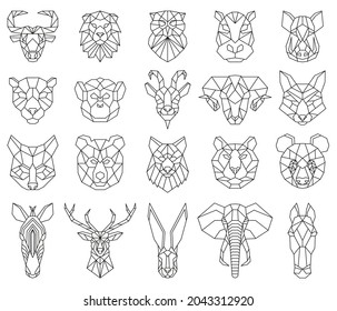 Polygonal geometric linear animal fox, deer, bear portraits. Animals heads, owl, lion, zebra and monkey triangular portraits vector illustration set. Low poly animal face origami, fox and deer