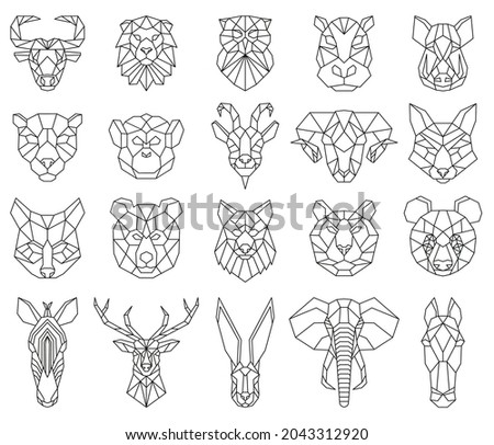 Polygonal geometric linear animal fox, deer, bear portraits. Animals heads, owl, lion, zebra and monkey triangular portraits vector illustration set. Low poly animal face origami, fox and deer