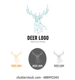 Polygonal geometric low poly style logotype. Deer head linear wire construction sample logo.