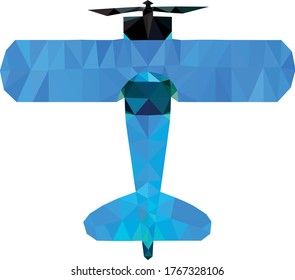 Polygonal geometric mosaic blue aeroplane plane toy icon symbol fly vehicle, top view. Vector illustration