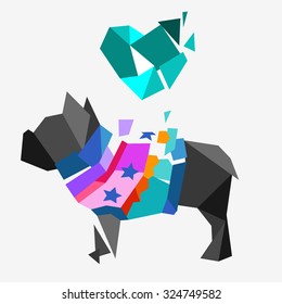 Polygonal geometric picture of a french bulldog in clothes and hearts. Vector modern stock graphics on a white background.
