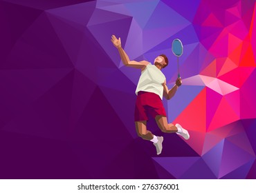 Polygonal geometric professional badminton player on colorful low poly background doing smash shot with space for flyer, poster, web, leaflet, magazine. Vector illustration - Shutterstock ID 276376001