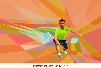 Polygonal geometric professional badminton player on colorful low poly background doing forehand shot with space for flyer, poster, web, leaflet, magazine. Vector illustration