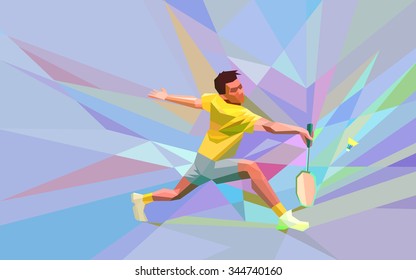 Polygonal geometric professional badminton player on colorful low poly background doing smash shot with space for flyer, poster, web, leaflet, magazine. Vector illustration