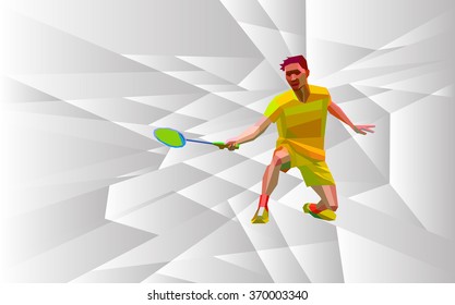 Polygonal geometric professional badminton player on white low poly background doing forehand shot with space for flyer, poster, web, leaflet, magazine. Vector illustration