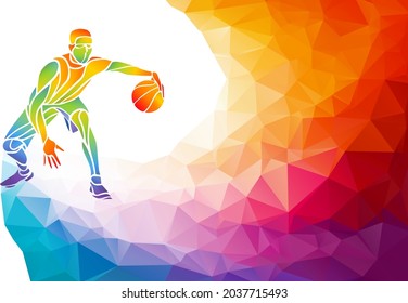 Polygonaler, geometrischer, professioneller Basketballspieler auf buntem Low-Poly-Hintergrund, mit Sprung mit Platz für Flyer, Poster, Web, Broschüre, Magazin. Vektorgrafik
