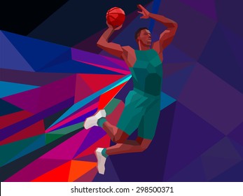 Polygonal geometric professional basketball player on colorful low poly background doing jump shot with space for flyer, poster, web, leaflet, magazine. Vector illustration