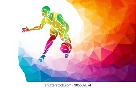 Polygonal geometric professional basketball player on colorful low poly background doing jump shot with space for flyer, poster, web, leaflet, magazine. Vector illustration