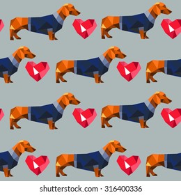 Polygonal geometric seamless repeating pattern with a red dachshund in clothes and a heart on a blue background. Vector stock graphics.
