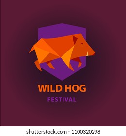 Polygonal geometric style pig sign. Template logo for food festival. Modern bright colored triangle image hog in design for cover card,  banner, badge, emblem. Low poly wild boar. 