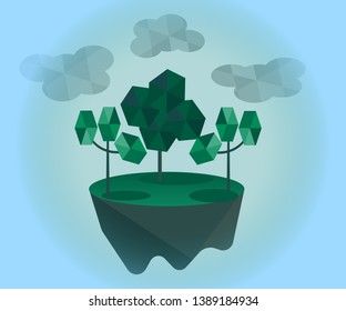 Polygonal geometric trees and island. Abstract vector Illustration, poly style. Stylized design element. 